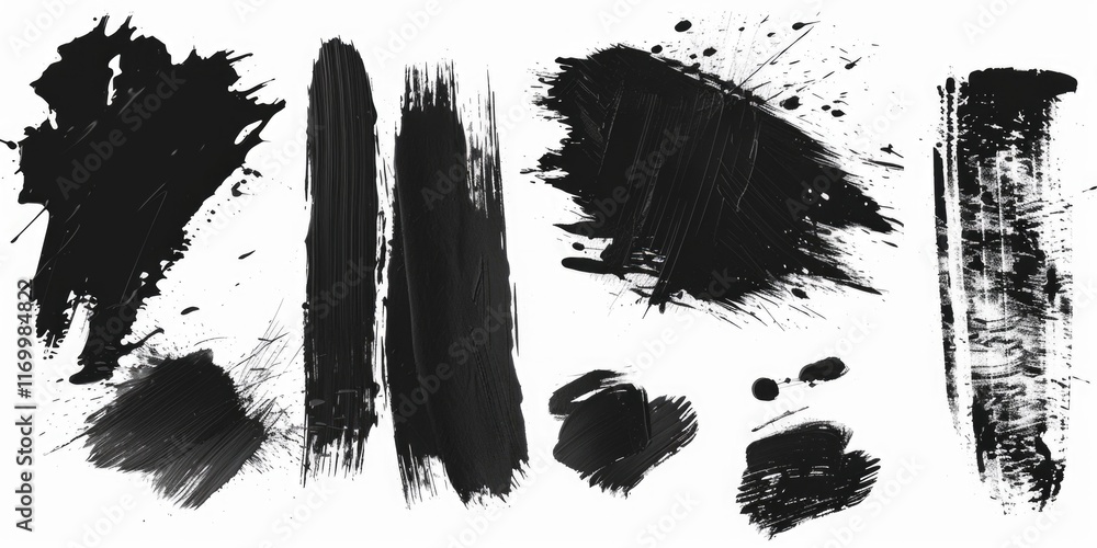 Poster collection of black brush strokes on a white background. the brush strokes vary in size and shape, c