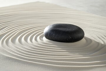 Zen stone surrounded by calming sand patterns.