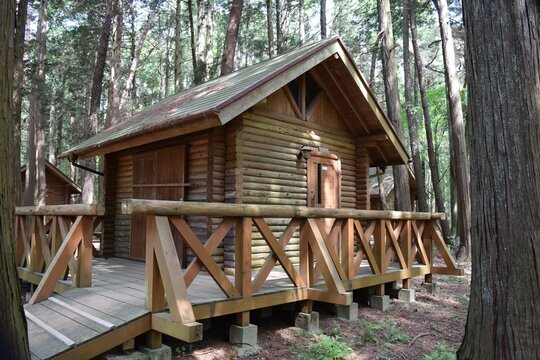 森林内に建つログハウス