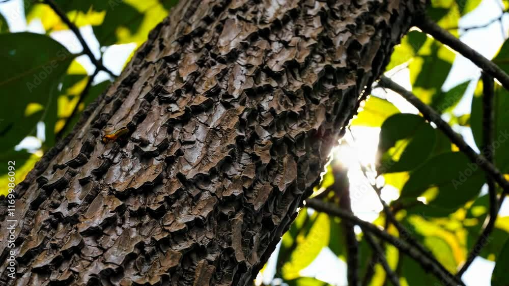 Poster Close-up of tree bark with sunlight filtering through leaves