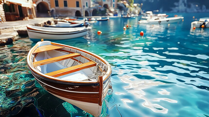 Obraz premium serene marina scene featuring wooden boat floating on clear blue water, surrounded by other boats and picturesque buildings