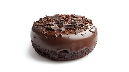 A chocolate-covered donut topped with chocolate shavings, tempting and indulgent.