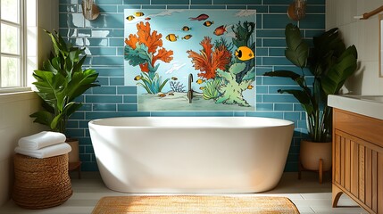 A rectangular ceramic tile with colorful hand-drawn underwater patterns featuring coral and fish, displayed in a bright coastal-themed bathroom, natural sunlight enhancing the vibrant hues,