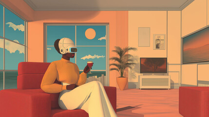 Illustration Black woman Retro-Futuristic Living Room Virtual Reality Headset, Vibrant Color
