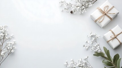 White Gifts Flowers And Greenery Frame A Blank Space