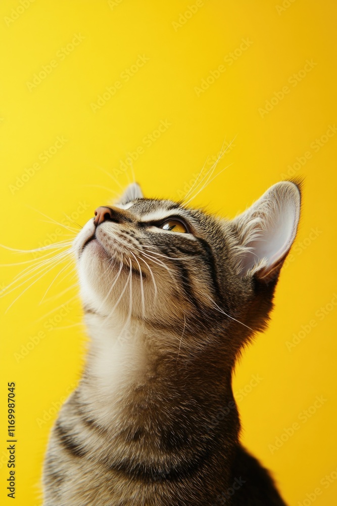 Poster cat is looking up at the camera with its eyes wide open. the cat is looking at the camera with a cur
