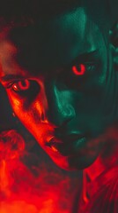 Fototapeta premium Mysterious Portrait: Red and Green Face in Smoke