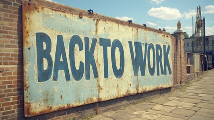 Rusty metal sign reads "Back to Work" on brick wall.