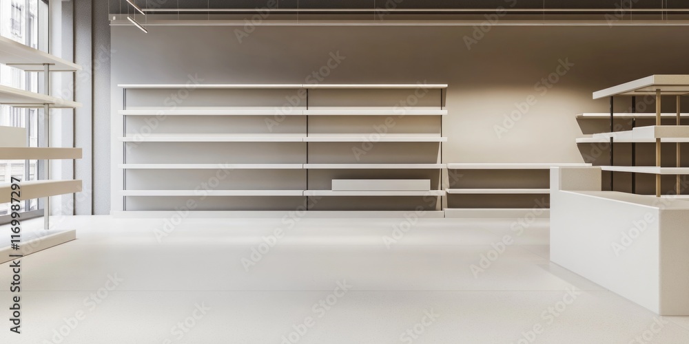 Aufkleber a modern and minimalistic design of empty bookshelves in a brightly lit library. organization for bo