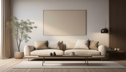 A modern living room with a beige couch and an empty white wall provides a blank canvas