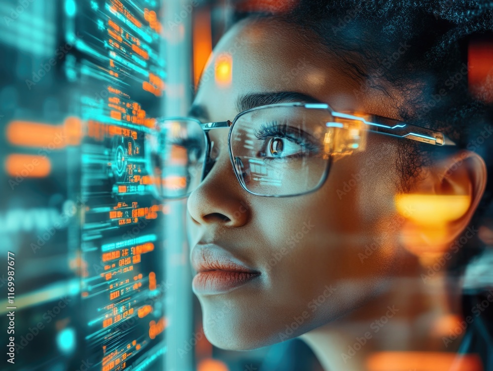 Aufkleber woman wearing glasses intently focusing on the digital screen, suggesting a high level of concentrat