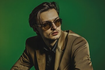 Obraz premium Man in a tan suit and sunglasses is sitting in front of a green background. The man is wearing a black shirt and a brown jacket