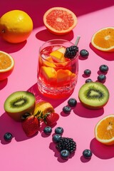 Fresh fruits and a refreshing cocktail on a vibrant pink background.