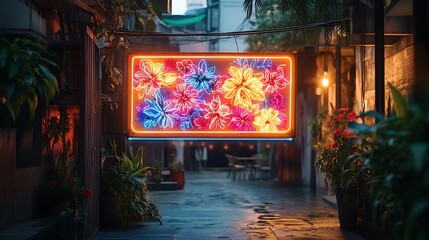Obraz premium A retro rectangular neon sign framed with floral motifs, glowing softly in an outdoor café setting, evening light enhancing the vivid colors and intricate patterns, nostalgic yet vibrant atmosphere,