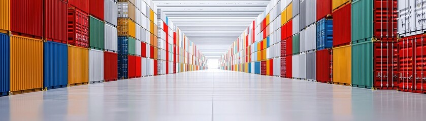 Fototapeta premium A vibrant warehouse filled with colorful shipping containers, showcasing a spacious and organized layout ideal for logistics and storage.