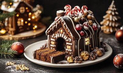 Delicious chocolate gingerbread house decorated with candies, nuts, and icing. Festive holiday treats.