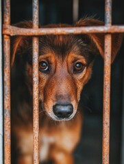 Sad puppy behind metal bars, eyes looking up, suggesting longing or distress.