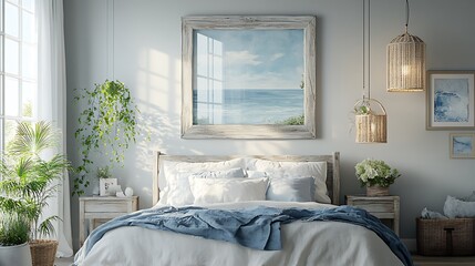 A rustic rectangular mirror with a distressed wooden border painted with soft pastel ocean scenes, hanging in a coastal-style bedroom, diffused sunlight highlighting the artistic texture,