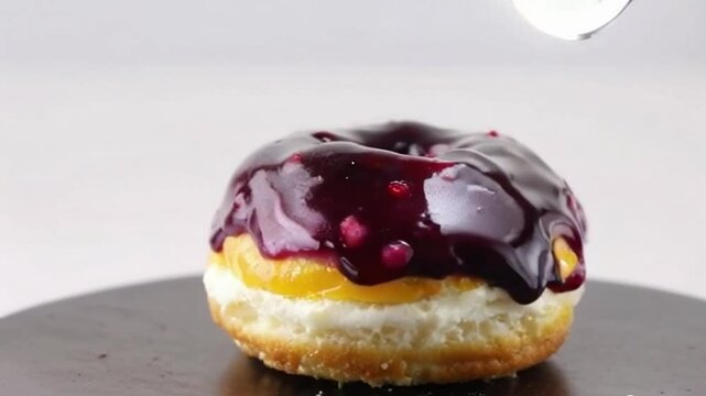 Berry citrus cronut on a pedestal with dual glaze, spotlighting glossy layers for a minimalist dramatic vibrant aesthetic