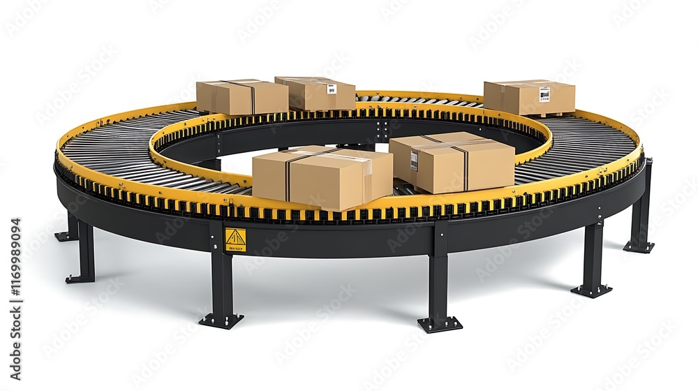 Poster a circular conveyor belt system transporting cardboard boxes for logistics.