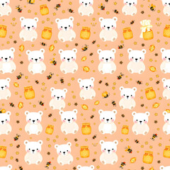 Adorable seamless pattern with pastel-colored bears, honey jars, and bees, set against a bright background.