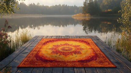 A sleek beach towel featuring intricate mandala patterns in bold reds and yellows, set on a wooden pier by a tranquil lake, soft morning light enhancing the intricate designs,