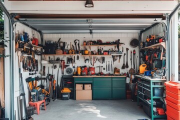 Efficient garage organization with wall-mounted storage solutions for tools and equipment modern home setting interior perspective maximizing space and functionality
