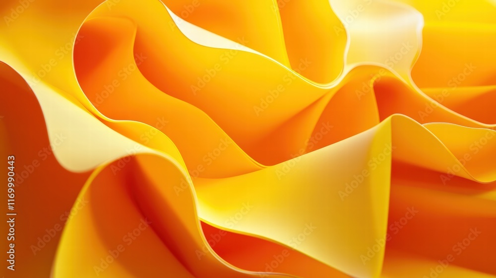 Poster bright yellow curved shapes on a smooth paper background representing simple 3d lines and waves for 