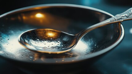 A close-up shot of a spoon dipped into soup, with a focus on texture and reflection.