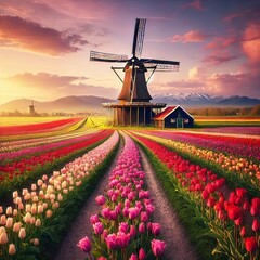 A picturesque scene of a windmill amidst a field of tulips. Generative AI