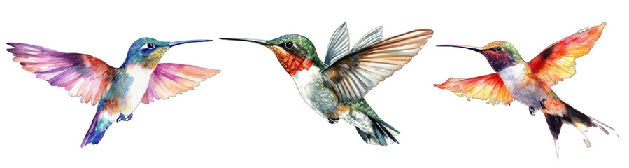 Fototapeta premium Collection of PNG. Watercolor Painting Hummingbird, isolated on a transparency background.