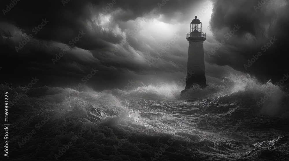 Poster lighthouse is in the middle of a stormy sea. the waves are crashing against the rocks and the lighth