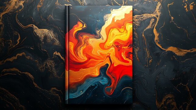 A striking book cover featuring a bold abstract design with swirling patterns in vibrant red, orange, and gold, centered on a matte black background, minimalist typography in white,