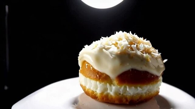 Coconut cronut on a pedestal with shredded topping, spotlighting white hues in sharp contrast against a deep black aesthetic