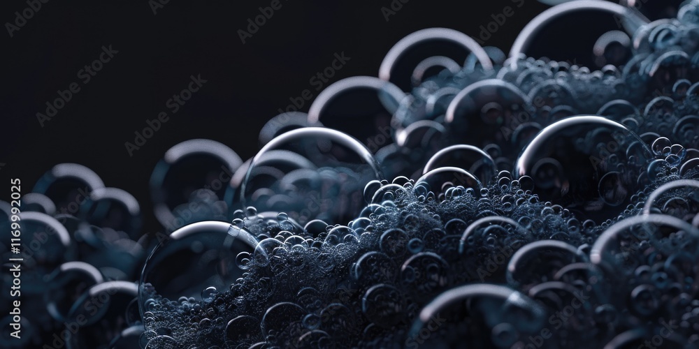 Poster a collection of soap bubbles floating on the surface of water, showcasing their delicate structure a