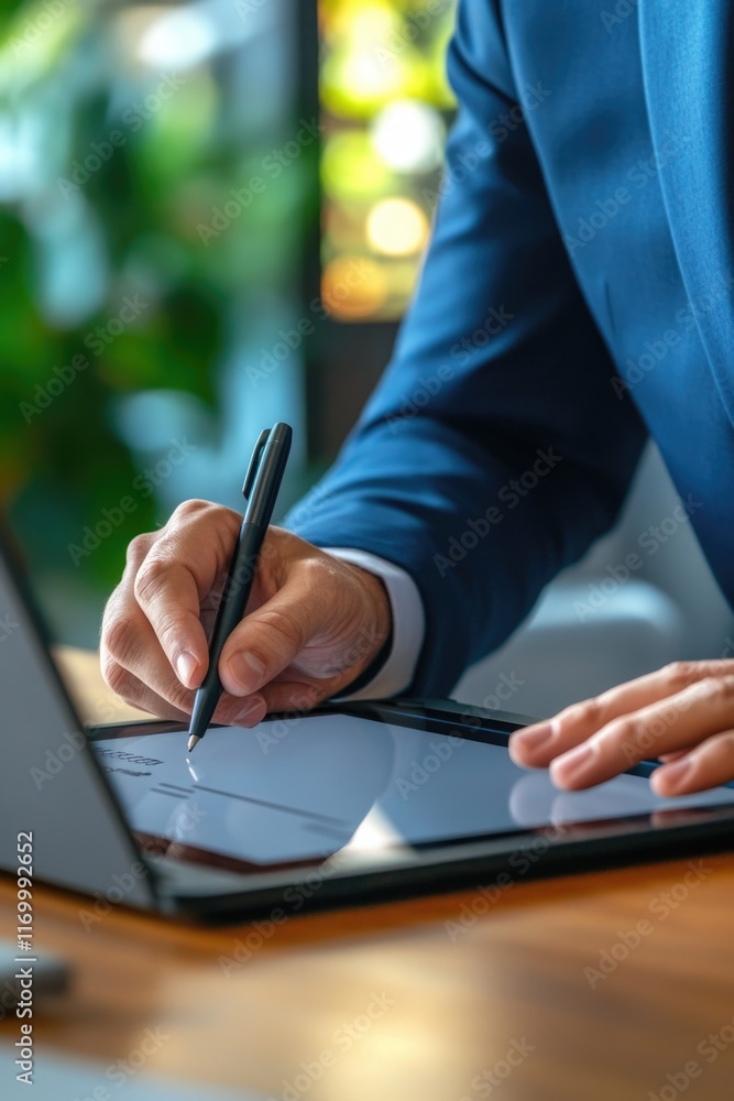 Poster man in a suit is writing on a tablet with a pen. concept of professionalism and focus, as the man is
