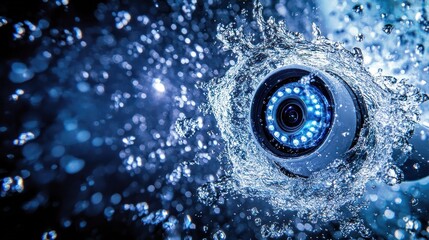 Waterproof security camera, water splash, dark background, surveillance