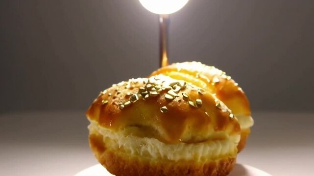 Maple cronut on a pedestal with gold accents, spotlighting reflective shimmering golden tones for sophistication and indulgence