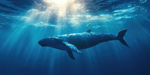 Obraz premium A captivating scene under the sea featuring a family of whales, with sunlight streaming through the water. Perfect for nature enthusiasts or those interested in marine life.