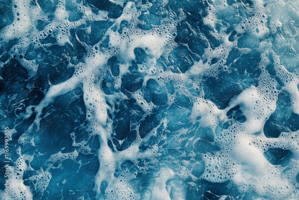 Poster close-up of the surface texture of blue water with bubbles and foam captured in high resolution for 