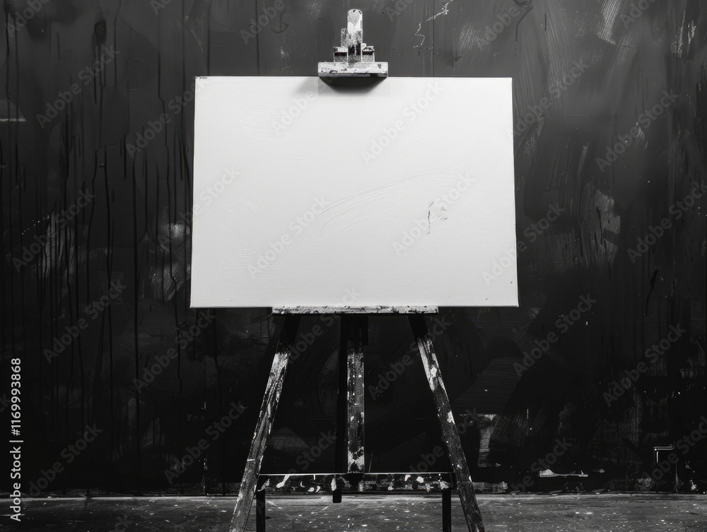 Poster empty canvas on easel, ready for creation. black background emphasizes the potential for artistic ex