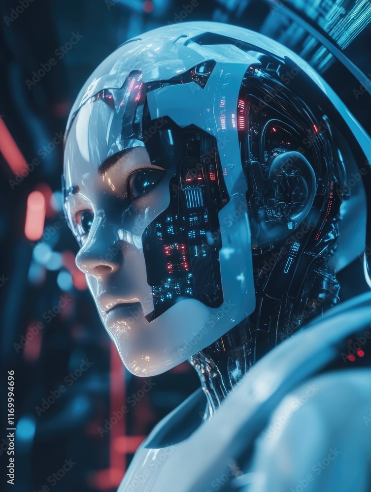 Poster a robotic face with a thoughtful expression, set against a dark backdrop of circuit boards and digit