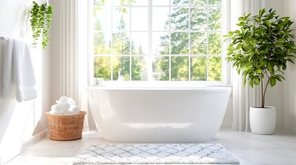 Bright, modern bathroom with freestanding bathtub, large window, plants, and white towels.