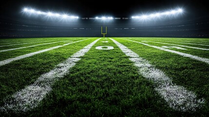 Obraz premium Brightly Illuminated Football Field at Night with Stadium Lights Shining on Lush Green Grass Ready for Play and Spectator Excitement Under the Stars