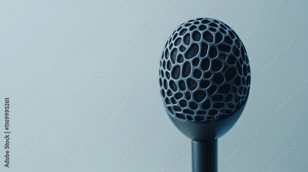 Poster a close-up of a unique microphone design against a soft background.