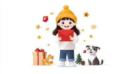 joyful child holding red envelope with dog and gifts around her