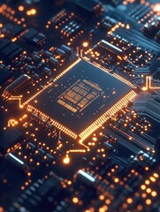 Obraz premium Close up of a computer chip with a bright orange glow. The chip is surrounded by a dark background, emphasizing its bright color. Concept of technology and innovation
