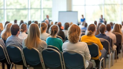 Obraz premium Group of People Sitting in Chairs Watching Presentation in Modern Conference Room with Natural Light and Professional Setting