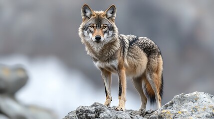 Obraz premium A close-up of a wolf standing on a rocky surface in a natural setting.