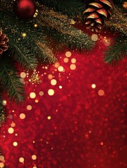 Christmas card with golden baubles, red ribbon, and sparkling lights. Santa Claus theme.